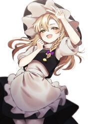 Rule 34 | 1girl, apron, black hat, black skirt, black vest, blonde hair, blush, bow, braid, cowboy shot, frilled apron, frills, hair between eyes, hat, hat bow, highres, kirisame marisa, long hair, one-hour drawing challenge, open mouth, puffy short sleeves, puffy sleeves, shirt, short sleeves, simple background, single braid, skirt, smile, solo, touhou, vest, waist apron, wanko sora, white apron, white background, white bow, white shirt, witch hat, yellow eyes