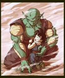 Rule 34 | 2boys, angry, antennae, biceps, black hair, black nails, blue pants, blush, child, clenched teeth, colored skin, commentary request, crying, crying with eyes open, dougi, dragon ball, dragon ball super, dragonball z, fingernails, glaring, green skin, highres, kneeling, koukyouji, long hair, looking at another, looking at viewer, male focus, multiple boys, muscular, muscular male, namekian, on one knee, open mouth, pants, piccolo, pointy ears, purple pants, raised eyebrows, red sash, sash, scared, smoke, son gohan, spiked hair, tears, teeth, v-shaped eyebrows, veins