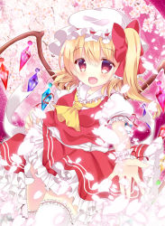 Rule 34 | 1girl, blonde hair, bow, crystal, dress, fang, flandre scarlet, hair between eyes, hair bow, hat, hat ribbon, looking at viewer, mob cap, open mouth, outstretched arm, pink bow, puffy short sleeves, puffy sleeves, red dress, red eyes, ribbon, rika-tan (rikatantan), short sleeves, side ponytail, smile, solo, thighhighs, touhou, wavy hair, white thighhighs, wings, wrist cuffs