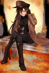 Rule 34 | 1girl, adjusting hair, artist name, belt, boots, brown hair, casual, coffee cup, commentary request, contemporary, cup, disposable cup, fate/grand order, fate (series), gloves, hair between eyes, hand in own hair, hat, high heel boots, high heels, leaf, crossed legs, long coat, long hair, march ab, oda nobunaga (fate), oda nobunaga (koha-ace), pantyhose, peaked cap, red eyes, shirt, sitting, skirt, smile, solo