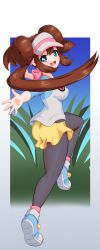 Rule 34 | :d, absurdres, ass, black legwear, bow, breasts, brown hair, creatures (company), game freak, grass, highres, long hair, long sleeves, looking at viewer, looking back, mud (artist), nintendo, open mouth, pantyhose, pink bow, pokemon, pokemon bw2, rosa (pokemon), shirt, shoe soles, shoes, shorts, smile, sneakers, standing, standing on one leg, visor cap, white background