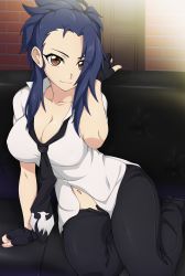 Rule 34 | 1girl, black gloves, black pants, blue hair, blush, borrowed character, breasts, brown eyes, chuunioniika, cleavage, commentary, commission, couch, english commentary, fingerless gloves, forehead, gloves, hair over one eye, highres, large breasts, long hair, looking at viewer, loose necktie, navel, necktie, open fly, original, pants, phuong tran, shirt, short sleeves, sidelocks, sitting, smile, solo, white shirt, yokozuwari