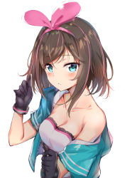 Rule 34 | 1girl, absurdres, alternate hair length, alternate hairstyle, bare shoulders, blue eyes, blush, breasts, brown hair, cleavage, collarbone, commentary, gloves, twirling hair, hairband, highres, kizuna ai, kizuna ai (a.i. games), kizuna ai inc., looking at viewer, medium breasts, multicolored hair, off shoulder, official alternate costume, pink hair, shirt, short hair, short sleeves, simple background, solo, streaked hair, sunhyun, swept bangs, upper body, virtual youtuber, white background