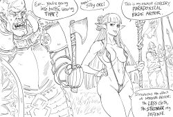 Rule 34 | 1boy, 1girl, armor, axe, banner, bb (baalbuddy), bikini armor, blunt bangs, breastplate, breasts, commentary, elf, english commentary, english text, exhibitionism, flower, gameplay mechanics, gauntlets, greyscale, hair flower, hair ornament, hand on own hip, highres, hime cut, holding, holding axe, holding shield, holding staff, holding weapon, large breasts, monochrome, navel, nose piercing, nose ring, orc, original, outdoors, pauldrons, piercing, plate armor, pointy ears, public indecency, shield, shoulder armor, slingshot swimsuit, smile, staff, swimsuit, weapon