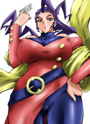Rule 34 | ahoge, bare shoulders, belt, blue eyes, breasts, capcom, card, clothing cutout, coat, covered erect nipples, gabao (mattari 2019), hand on own hip, hip focus, huge breasts, long hair, looking down, open mouth, pantyhose, purple hair, qkat (arikawa-dou), rose (street fighter), scarf, shoulder cutout, solo, street fighter