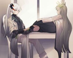 Rule 34 | 2girls, arknights, black footwear, black shirt, boots, chair, coat, commentary, crossed arms, earclip, english commentary, grey hair, grey pants, highres, horns, long hair, long sleeves, looking at another, lying, muelsyse (arknights), multiple girls, on side, on table, open clothes, open coat, open mouth, orange eyes, pants, photo-referenced, pointy ears, ponytail, quanx70909457, saria (arknights), shirt, sitting, skirt, smile, table, turtleneck, very long hair, white coat, white hair