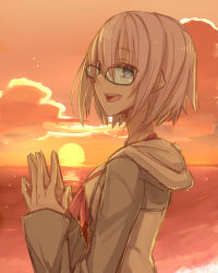Rule 34 | 1girl, cloud, fate/grand order, fate (series), glasses, hair between eyes, hollomaru, hood, hoodie, looking at viewer, mash kyrielight, open mouth, reflection, short hair, sketch, sleeves past wrists, smile, solo, steepled fingers, sunset, upper body, water