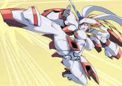 Rule 34 | 1girl, breasts, censored, colored skin, darling in the franxx, emphasis lines, fighting stance, hand up, heart, heart censor, high heels, horns, kicking, large breasts, nipples, no feet, nude, open mouth, pochincoff, pussy, red eyes, robot, sanpaku, simple background, single horn, solo, strelizia, white skin, yellow background