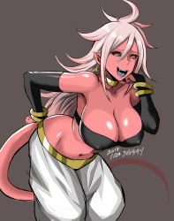 Rule 34 | 1girl, android 21, baggy pants, bandeau, black sclera, breasts, cleavage, colored sclera, colored skin, dated, dragon ball, dragon ball fighterz, earrings, hair between eyes, highres, hoop earrings, jewelry, large breasts, long hair, majin (race), majin android 21, necklace, pants, pink skin, pointy ears, red eyes, shibusun, solo, tail, very long hair, white hair