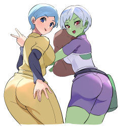 Rule 34 | 2girls, :d, :p, absurdres, ass, blue eyes, blue hair, blush, bodysuit, breasts, bulma, cheelai, colored skin, dragon ball, dragon ball super, dragon ball super super hero, from behind, green skin, hand on own ass, highres, long sleeves, looking at viewer, looking back, multiple girls, nervous smile, open mouth, pants, purple bodysuit, red eyes, sakamoto (ojiojiojisanda), shirt, short hair, short sleeves, smile, sweatdrop, tongue, tongue out, v, white hair, yellow pants, yellow shirt