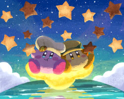 Rule 34 | blue eyes, blush stickers, brooch, chef hat, closed mouth, cookie, food, hat, jewelry, kirby, kirby (series), kirby cafe, miclot, night, night sky, nintendo, no humans, pink footwear, shoes, sitting, sky, smile, star-shaped cookie, star-shaped food, star (symbol), waddle dee, warp star, water, yellow eyes, yellow footwear