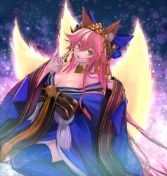 Rule 34 | 1girl, absurdres, animal ear fluff, animal ears, bare shoulders, bell, blue bow, blue kimono, blue thighhighs, bow, breasts, cleavage, collar, commentary, crown, fate/grand order, fate (series), fingernails, fox ears, fox girl, fox shadow puppet, fox tail, highres, japanese clothes, jingle bell, kimono, kitsune, large breasts, long hair, looking at viewer, looking to the side, multiple tails, obi, off shoulder, pink hair, ri-ko, sash, sidelocks, solo, sparkle background, tail, tamamo (fate), tamamo no mae (fate/extra), tamamo no mae (third ascension) (fate), thighhighs, very long hair, wide sleeves, yellow eyes