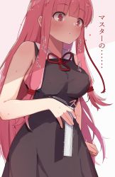 Rule 34 | 1girl, absurdres, andagi0331, black dress, blunt bangs, blush, breasts, closed mouth, dress, hair ribbon, heart, highres, holding, kotonoha akane, large breasts, long hair, measuring, penis measuring, pink hair, red eyes, ribbon, ruler, sexually suggestive, sidelocks, simple background, sleeveless, sleeveless dress, solo, sweat, translation request, trembling, tress ribbon, very long hair, voiceroid