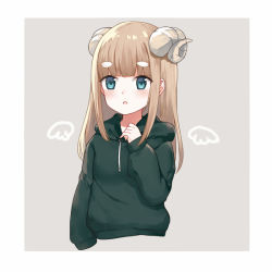 Rule 34 | 1girl, :o, black hoodie, blue eyes, blush, brown hair, commentary request, cropped torso, curled horns, drawstring, grey background, hand up, hood, hood down, hoodie, horns, kinatsu ship, long hair, long sleeves, looking at viewer, original, parted lips, puffy long sleeves, puffy sleeves, short eyebrows, sleeves past fingers, sleeves past wrists, solo, thick eyebrows, upper body