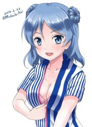 Rule 34 | 10s, 1girl, 2016, blue eyes, blue hair, blush, bra, breasts, cleavage, collarbone, dated, double bun, hair bun, kantai collection, large breasts, lawson, matching hair/eyes, mukaibi aoi, open mouth, round teeth, shirt, short sleeves, simple background, smile, solo, striped clothes, striped shirt, teeth, twitter username, underwear, unzipping, upper body, urakaze (kancolle), vertical-striped clothes, vertical-striped shirt, white background