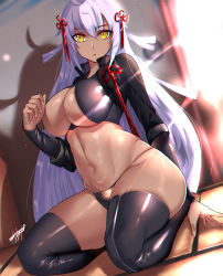 Rule 34 | 1girl, absurdres, ahoge, arm guards, black panties, black thighhighs, blurry, breasts, chromatic aberration, commentary request, crop top, dark-skinned female, dark skin, day, dutch angle, fate/grand order, fate (series), fingernails, full body, fusuma, hair between eyes, high collar, highres, huge filesize, indoors, kisaragi tsurugi, large breasts, light particles, long hair, long sleeves, looking at viewer, navel, okita souji (fate), okita souji alter (fate), panties, parted lips, purple hair, seiza, shadow, shiny clothes, shiny skin, sidelocks, signature, sitting, skindentation, sliding doors, solo, stomach, sunlight, tassel, tatami, thighhighs, thighs, underwear, very long hair, yellow eyes