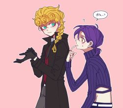 Rule 34 | 2boys, ?, adjusting clothes, adjusting gloves, black gloves, blonde hair, blue eyes, braid, finger to mouth, freckles, giorno giovanna, gloves, height difference, jojo no kimyou na bouken, long coat, male focus, multiple boys, pointing, pointing at self, purple hair, ribbed sweater, sempon (doppio note), sweatdrop, sweater, turtleneck, vento aureo, vinegar doppio, wing ornament, yellow eyes