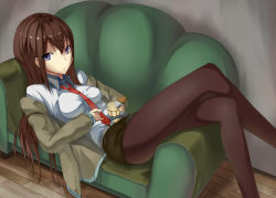 Rule 34 | 1girl, bad id, bad pixiv id, black pantyhose, blue eyes, brown hair, couch, crossed legs, food, green upholstery, jacket, pantyhose under shorts, long hair, looking at viewer, lying, makise kurisu, necktie, ogadenmon, on back, pantyhose, pudding, red necktie, shorts, sitting, solo, spoon, steins;gate