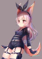 Rule 34 | 1girl, animal ears, annoyed, belt, black thighhighs, blonde hair, bodysuit, child, clenched hands, dog ears, dog tail, elin, eneru (enepuni), fingerless gloves, gloves, highres, long hair, pout, red eyes, ribbon, short shorts, shorts, solo, tail, tera online, thigh strap, thighhighs