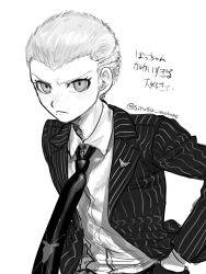 Rule 34 | 1boy, artist name, collared shirt, cowboy shot, danganronpa (series), danganronpa 2: goodbye despair, freckles, frown, greyscale, hands in pockets, highres, jacket, kuzuryu fuyuhiko, looking at viewer, male focus, mole, mole under mouth, monochrome, necktie, open clothes, open jacket, shirt, short hair, sirasu wakame, solo, striped clothes, striped jacket, translation request