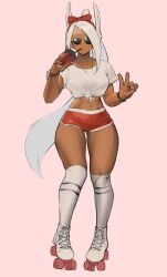 Rule 34 | 1girl, animal ears, black wristband, boku no hero academia, bow, bracelet, breasts, bubble tea, commentary, dark-skinned female, dark skin, drink, drinking, english commentary, full body, hair bow, hair ornament, highres, holding, holding drink, jewelry, kneehighs, large breasts, long hair, looking at viewer, midriff, mirko, navel, ponytail, rabbit ears, rabbit girl, red bow, red eyes, red shorts, roller skates, shirt, short shorts, shorts, skates, socks, solo, sunglasses, thick thighs, thighs, tied shirt, toned, v, very long hair, white hair, white shirt, white socks, yellow-framed eyewear, zukululuu