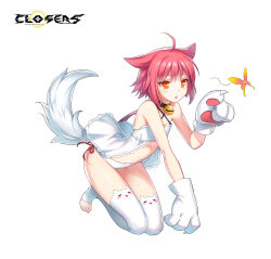 Rule 34 | 1girl, :o, ahoge, alternate hair color, animal ear legwear, animal hands, babydoll, bare shoulders, bell, black collar, bug, butterfly, cat ear legwear, cat tail, closers, collar, copyright name, criss-cross halter, flat chest, frilled babydoll, full body, gloves, hair flaps, halterneck, hand up, highres, insect, jingle bell, kneeling, logo, long hair, looking at animal, low ponytail, navel, neck bell, no pupils, official art, orange butterfly, orange eyes, panties, paw gloves, pink hair, pink ribbon, pointing, ribbon, side-tie panties, simple background, solo, stirrup legwear, stomach, tachi-e, tail, thighhighs, thighs, tina (closers), toeless legwear, underwear, white babydoll, white background, white gloves, white panties, white tail, white thighhighs