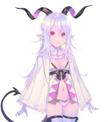 Rule 34 | 1girl, absurdres, arms at sides, ascot, breasts, closed mouth, copyright request, cowboy shot, curled horns, demon girl, demon horns, demon tail, enkyo yuuichirou, gloves, hair between eyes, highres, horns, long hair, long sleeves, looking at viewer, medium breasts, navel, panties, pointy ears, purple hair, red eyes, solo, standing, tail, thighhighs, underwear, white ascot, white gloves, white panties, white thighhighs