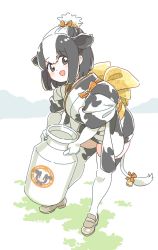 Rule 34 | alternate costume, animal ears, animal print, back bow, bell, black hair, blush, bow, chinese zodiac, commentary request, cow ears, cow girl, cow print, cow tail, double bun, elbow gloves, extra ears, gloves, hair bow, hair bun, highres, holstein friesian cattle (kemono friends), japanese clothes, kemono friends, kimono, loafers, looking at viewer, mitsumoto jouji, multicolored hair, new year, orange bow, print kimono, print thighhighs, shoes, short hair, solo, tail, tail bell, tail bow, tail ornament, thighhighs, two-tone hair, white gloves, white hair, year of the ox, zettai ryouiki