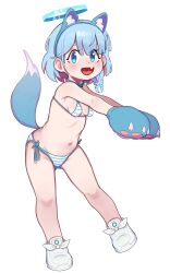 Rule 34 | 1girl, :d, absurdres, animal ears, animal hands, arona (blue archive), belt collar, bikini, blue archive, blue bikini, blue collar, blue eyes, blue hair, blue halo, blue pupils, braid, breasts, collar, commentary, dog ears, dog paws, dog tail, fake animal ears, fake tail, fang, full body, gloves, halo, highres, looking at viewer, lulubelleiii, mismatched pupils, navel, open mouth, paw gloves, pink hair, red pupils, shoes, short hair, side-tie bikini bottom, side braid, simple background, single braid, small breasts, smile, sneakers, solo, striped bikini, striped clothes, swimsuit, tail, white background, white footwear