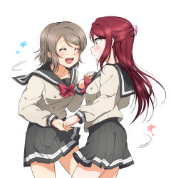 Rule 34 | 2girls, :d, absurdres, bow, bowtie, brown hair, closed eyes, collarbone, couple, cowboy shot, floating hair, from side, grey sailor collar, grey skirt, highres, holding hands, long hair, long sleeves, looking at another, love live!, love live! sunshine!!, miniskirt, multiple girls, open mouth, pleated skirt, red bow, red hair, red neckwear, sailor collar, sakurauchi riko, school uniform, short hair, simple background, skirt, smile, standing, sweatdrop, swept bangs, uranohoshi school uniform, watanabe you, white background, yuchi (salmon-1000), yuri