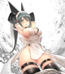 Rule 34 | 1girl, :o, apron, armpits, arms behind head, breasts, butterfly swords, cleavage, dual wielding, feet out of frame, green eyes, grey hair, highres, holding, iroha (samurai spirits), large breasts, lips, looking at viewer, maid apron, maid headdress, no panties, open mouth, pelvic curtain, samurai spirits, short hair, sideboob, solo, sword, teddy (khanshin), thigh strap, thighs, weapon