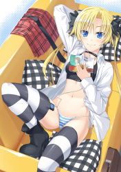 Rule 34 | 1girl, blonde hair, blue eyes, blush, collar, couch, ike masato, lying, midriff, no pants, open clothes, open shirt, original, panties, plaid, shirt, side-tie panties, smile, solo, sports bra, striped clothes, striped panties, striped thighhighs, thighhighs, twintails, underwear
