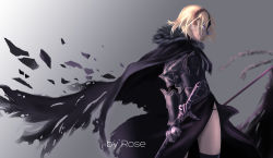 Rule 34 | 1girl, absurdres, armor, blonde hair, cape, fate/grand order, fate (series), from side, fur-trimmed kimono, fur trim, grey background, highres, japanese clothes, jeanne d&#039;arc (fate), jeanne d&#039;arc alter (avenger) (fate), jeanne d&#039;arc alter (avenger) (first ascension) (fate), jeanne d&#039;arc alter (fate), kimono, profile, short hair, solo, sword, sword behind back, thigh grab, weapon