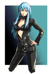 Rule 34 | 1girl, belt, blue eyes, blue hair, bodysuit, breasts, center opening, cleavage, closed mouth, collar, collarbone, devil summoner, gin&#039;oya, long hair, looking at viewer, nemissa, smile, solo, soul hackers, zipper