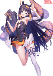 Rule 34 | 1girl, :d, animal ears, ao-chan (ninomae ina&#039;nis), arm up, armpits, bare shoulders, black dress, black gloves, black hair, blue eyes, blush, book, brown hair, collarbone, commentary, detached sleeves, dress, feathered wings, gloves, gluteal fold, gradient hair, half gloves, halo, hand up, highres, hololive, hololive english, long hair, looking at viewer, low wings, multicolored hair, ninomae ina&#039;nis, ninomae ina&#039;nis (1st costume), open mouth, ririko (zhuoyandesailaer), simple background, single detached sleeve, single thighhigh, smile, solo, standing, standing on one leg, strapless, strapless dress, tentacles, thighhighs, very long hair, virtual youtuber, white background, white sleeves, white thighhighs, white wings, wings