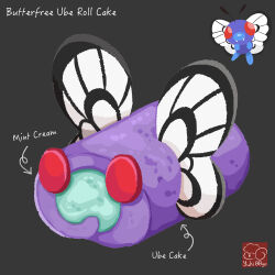 Rule 34 | artist logo, artist name, butterfree, cake, character-themed food, character name, cream, creatures (company), food, food focus, food name, game freak, gen 1 pokemon, grey background, highres, nintendo, no humans, pastry, pokemon, simple background, swiss roll, yuki00yo