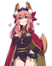 Rule 34 | 1girl, animal ear fluff, animal ears, black leotard, bow, cape, chan co, closed mouth, commentary request, cosplay, ereshkigal (fate), ereshkigal (fate) (cosplay), fate/grand order, fate (series), fox ears, fox girl, gold trim, hair between eyes, hair bow, hair ornament, leotard, long hair, long sleeves, looking at viewer, pink hair, red bow, red cape, single sleeve, skull, smile, smug, solo, spine, tail, tamamo (fate), tamamo no mae (fate/extra), thighs, tiara, yellow eyes