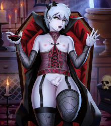 Rule 34 | 1boy, alcohol, bare shoulders, black cape, blue hair, candle, candle wax, candlelight, candlestand, cape, caustic crayon, coffin, collarbone, colored skin, cross-laced clothes, cup, drinking glass, erection, flat chest, garter straps, grey thighhighs, half-closed eyes, hands up, head tilt, high collar, highres, holding, indoors, knee up, lavender skin, light blue hair, lips, looking at viewer, male focus, moonlight, night, original, patreon username, penis, perineum, piercing, pointy ears, purple skin, scrotum piercing, short hair, slit pupils, small penis, solo, spider web print, testicles, thick thighs, thighhighs, thighs, trap, uncensored, vampire, watermark, wine, wine glass, yellow eyes