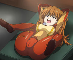 Rule 34 | 1girl, arms up, ass, black eyes, bodysuit, breasts, brown hair, cameltoe, feet, full body, legs, legs up, long hair, looking down, lying, navel, neon genesis evangelion, on back, open mouth, plugsuit, presenting, red bodysuit, see-through, see-through bodysuit, shiny clothes, solo, souryuu asuka langley, spread legs, table, test plugsuit, thighs, tsundere, very long hair, wide hips