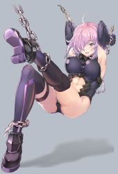 Rule 34 | 1girl, armored leotard, armpits, arms behind head, black leotard, black thighhighs, breasts, chain, clothing cutout, elbow gloves, fate/grand order, fate (series), gloves, highres, large breasts, leotard, looking at viewer, mash kyrielight, navel, navel cutout, pink hair, purple eyes, restrained, short hair, solo, sumisu (mondo), sweat, thigh strap, thighhighs