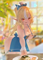 Rule 34 | 1girl, absurdres, apron, ass, blonde hair, blue apron, blue bow, blurry, blurry background, bow, breast press, breasts, clipboard, dark-skinned female, dark elf, dark skin, day, elf, elfriend (shiranui flare), food, fork, giving, hair bow, highres, hololive, indoors, large breasts, leaning forward, long hair, looking at viewer, multicolored hair, naked apron, pointy ears, ponytail, pparus, red eyes, shiranui flare, smile, solo, streaked hair, virtual youtuber, waitress, white hair, window, wrist cuffs