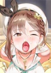 Rule 34 | 1girl, absurdres, atelier (series), atelier ryza, atelier ryza 2, ayanakitori, bad id, bad pixiv id, bare shoulders, blue neckerchief, blush, braid, breasts, brown eyes, brown hair, cleavage, collarbone, cum, cum in mouth, cum on body, cum on breasts, cum on clothes, cum on tongue, cum on upper body, cumdrip, facial, female focus, french braid, hair between eyes, hair ornament, hairclip, hat, highres, jewelry, key, key necklace, large breasts, looking at viewer, mouth focus, neckerchief, necklace, one eye closed, open mouth, oral invitation, reisalin stout, shirt, solo, sweatdrop, teeth, tongue, tongue out, upper body, uvula, white hat, white shirt