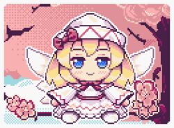 Rule 34 | 1girl, blonde hair, blue eyes, bow, cherry blossoms, closed mouth, commentary, dress, english commentary, full body, fumo (doll), hat, lily white, long hair, long sleeves, looking at viewer, outdoors, pixel art, red bow, smile, solo, suwa lagito, touhou, white dress, white hat, wings