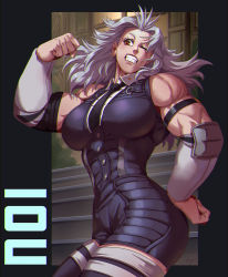 Rule 34 | 1girl, biceps, breasts, brolo, clenched teeth, dorohedoro, dress, earrings, female focus, flexing, highres, jewelry, long hair, muscular, muscular female, necktie, noi (dorohedoro), one eye closed, red eyes, short dress, silver hair, sleeveless, solo, teeth