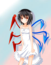 Rule 34 | 1girl, :t, alternate costume, asymmetrical wings, bad id, bad pixiv id, black hair, bow, breasts, clenched hand, dress, female focus, gradient background, highres, houjuu nue, looking at viewer, nankaichimu, pout, red eyes, shadow, short hair, simple background, solo, sundress, touhou, wings