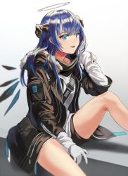 Rule 34 | 1girl, arknights, bad id, bad twitter id, black jacket, black shorts, blue eyes, blue hair, blue tongue, colored tongue, commentary, feet out of frame, fur-trimmed jacket, fur trim, gradient background, grey background, halo, hand in own hair, hand up, horns, jacket, long hair, long sleeves, mostima (arknights), shadow, shirt, short shorts, shorts, silence girl, sitting, solo, thighs, white background, white shirt