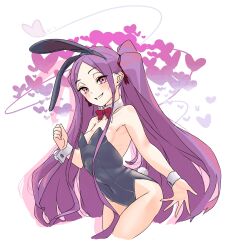 Rule 34 | 1girl, animal ears, bare shoulders, bow, bowtie, breasts, detached collar, fake animal ears, fate/grand order, fate (series), grin, heart, highres, long hair, niwaikanai, purple eyes, purple hair, rabbit ears, rabbit tail, simple background, small breasts, smile, solo, tail, very long hair, white background, wrist cuffs, wu zetian (fate)