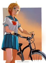 Rule 34 | 1girl, bicycle, blue eyes, blue skirt, nonohara hime, rr (suisse200), school uniform, short hair, skirt, smile, tokyo 7th sisters