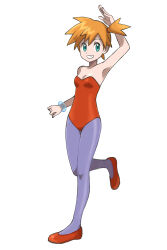 Rule 34 | 1girl, absurdres, alternate costume, arm up, armpits, asatsuki (fgfff), bare shoulders, bracelet, breasts, commentary request, cosplay, creatures (company), flats, full body, game freak, green eyes, grin, highres, jewelry, leotard, looking at viewer, medium breasts, misty (pokemon), nintendo, orange hair, pantyhose, pokemon, pokemon (anime), pokemon (classic anime), presenting armpit, purple pantyhose, quinty, quinty (character), short hair, side ponytail, smile, solo, standing, standing on one leg, strapless, strapless leotard, white background
