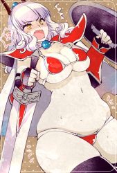 Rule 34 | !?, 1girl, ^^^, armor, belly, bikini armor, blush, breasts, bursting breasts, cape, carmilla (fate), cleavage, cosplay, curvy, elizabeth bathory (brave) (fate), elizabeth bathory (brave) (fate) (cosplay), elizabeth bathory (fate), fang, fate/grand order, fate (series), groin, large breasts, midriff, navel, open mouth, pale skin, plump, red armor, shield, sideboob, skindentation, solo, sweat, sword, thighhighs, thighs, tiara, underboob, undersized clothes, weapon, white hair, wide hips, yakan (kusogaki teikoku), yellow eyes, zettai ryouiki